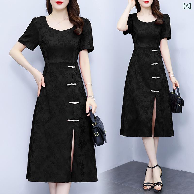 レディース ファッション 大きいサイズ ドレス 夏 ぽっちゃり 体型カバー スリム レトロ バックル チャイナ ドレス