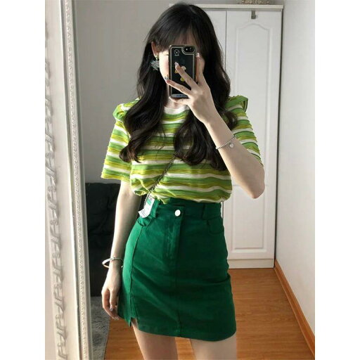 セットアップ レディース 優しい 夏 服 韓国 グリーンストライプ 半袖 ハイウエスト スカート スリム 2点セット セットアップ レディース 優しい 夏 服 韓国 グリーンストライプ 半袖 ハイウエスト スカート スリム 2点セット