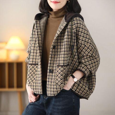 レディース ファッション 銅 ボタン 千鳥格子 コート 大きいサイズ ゆったり 芸術 韓国 スリム 起毛 フ..