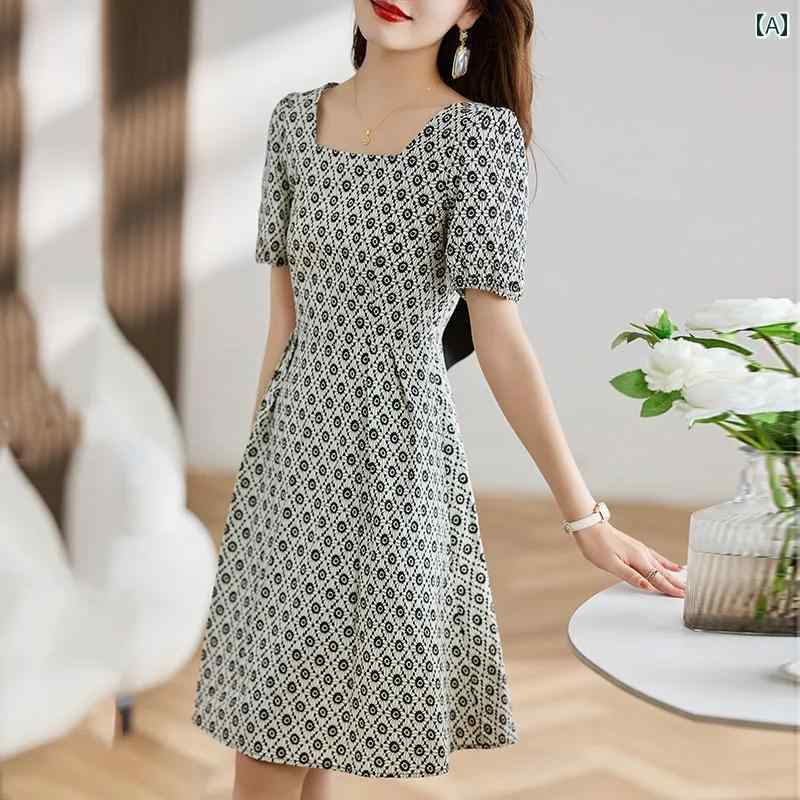 レディース ファッション リボン スクエアネック ドレス 夏 体型カバー ウエスト スリム 小さめ aライン スカート