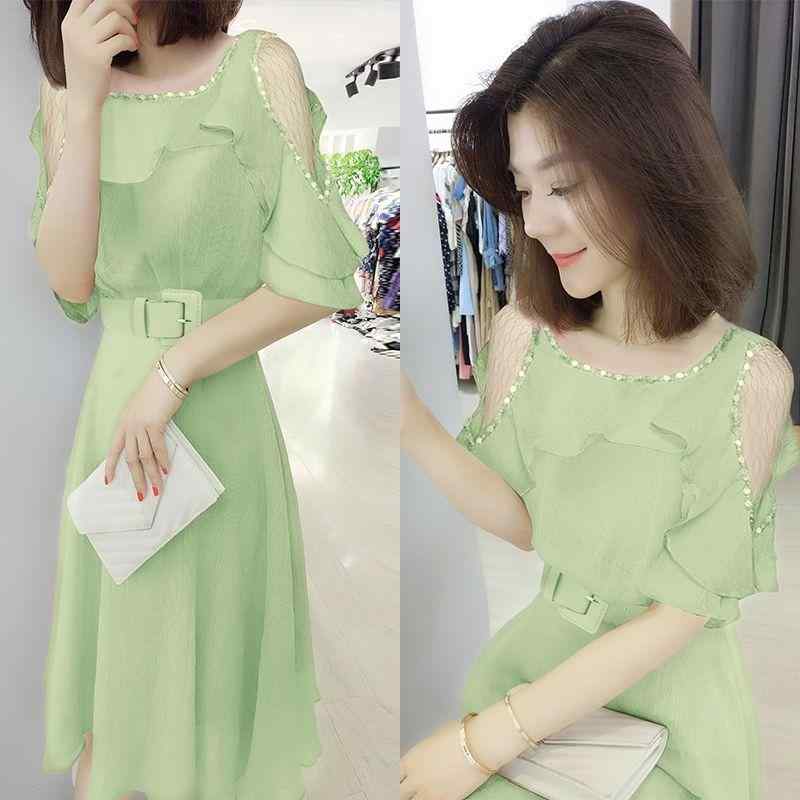 レディース ファッション 夏 トレンディ ウエスト アボカド グリーン ドレス オフショルダー 魅惑 スカ..