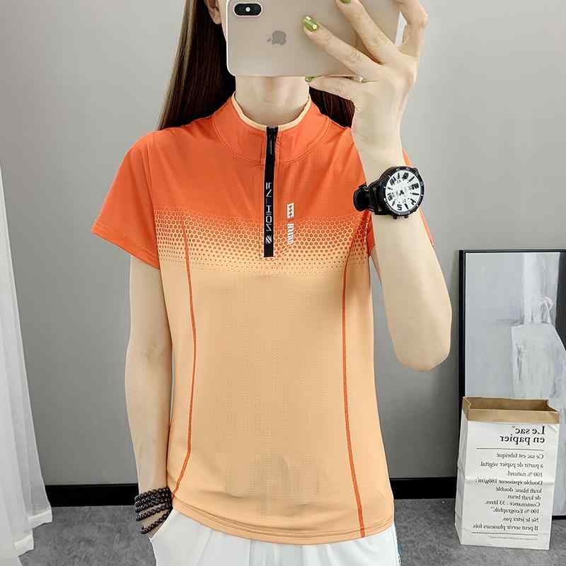 スポーツウェア レディース おしゃれ フィットネス ジム アウトドア 運動 グラデーション 速乾 Tシャツ スタンドカラー 半袖 軽量 涼しい 通気性 快適 ストレッチ性 速乾 衣装 ハイキング 登山 衣装