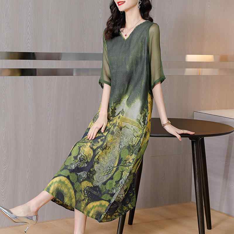 ミセス ファッション 婦人服 体型カバー 上品 淑女 レディース 大きいサイズ 半袖 ドレス 夏 レトロ プリント 高貴 ゆったり スカート