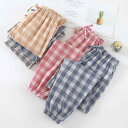 レディース パジャマ ルームウェア リラックス メンズ 春秋 コットンチェック パンツ 袖口 レッグ バディング 薄手 涼しい 綿 自宅 カップル 屋外着 カジ...