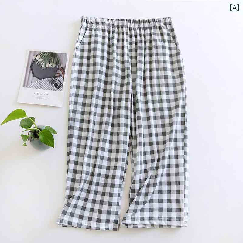 メンズ パジャマ ルームウェア リラックス 格子縞 クロップド 夏 コットン シン パンツ 膝 上 カジュアル シンプル コットン ホーム パンツ