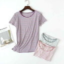 レディース パジャマ ルームウェア リラックス モーダル コットンストライプ Tシャツ 夏 半袖 ストライプ 薄 半袖 シャツ 家庭 レジャー