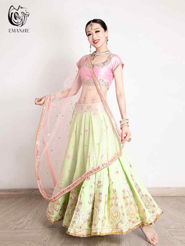 インド サリー民族 衣装 エキゾチック レディース ダンス 刺繍 トップス 大きめ スカート レンガ セッ..