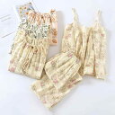 レディース パジャマ ルームウェア リラックス 春夏 秋 3点 セットアップ ウォッシュド コットンガーゼ 薄手 涼しい 長袖 サスペンダー ズボン カーディガ...