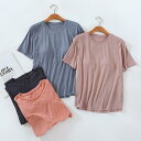 レディース パジャマ ルームウェア リラックス モーダル 綿 パッド入り 半袖 Tシャツ 夏 ホーム トップス 薄手 涼しい スリット 半袖 シャツ