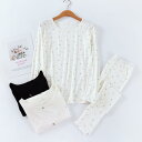 レディース パジャマ ルームウェア リラックス モーダル サーマル 下着 秋冬 薄手 涼しい ラウンドネック スリム 小さめ フレッシュ プリント 秋服 秋 パ...