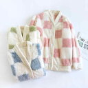 レディース パジャマ ルームウェア リラックス コーラル 起毛 トップス 冬 厚手 暖かい Vネック カジュアル ラージ チェック フランネル ホームウェア ト...