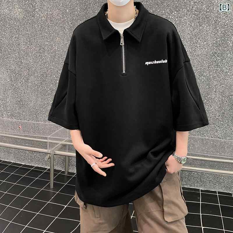 メンズ ポロシャツ 半袖 Tシャツ 夏 アメリカン レトロ トレンド コットン ハーフ ジップ Tシャツ カジュアル おしゃれ ファッション