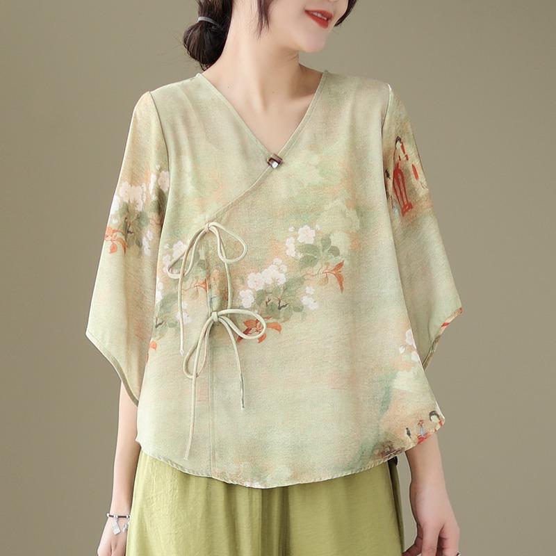婦人服 ファッション レディース おしゃれ 上品 チャイナ風 プリント トップス 夏 シャツ 斜め 前立て Vネックプルオーバー Tシャツ