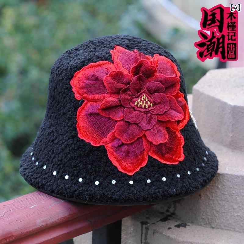 帽子 レディース 秋冬 エスニック 刺繍 花 フィッシャーマン ハット 折りたたみ 暖かい 快適 子羊 ぬいぐるみ ドーム バケット ハット