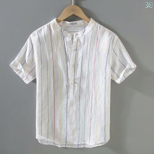 メンズ ファッション 半袖 シャツ 夏 トップス コントラスト ストライプ リネン Tシャツ カジュアル トレンド スタンドカラー コットンリネン Tシャツ メンズ ファッション 半袖 シャツ 夏 トップス コントラスト ストライプ リネン Tシャツ カジュアル トレンド スタンドカラー コットンリネン Tシャツ