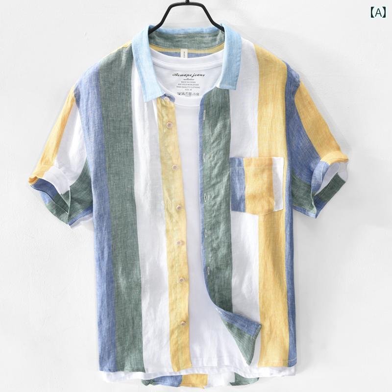 メンズ ファッション 半袖 シャツ 夏 トップス カラー ブロック リネン Tシャツ コットンリネン カジュアル