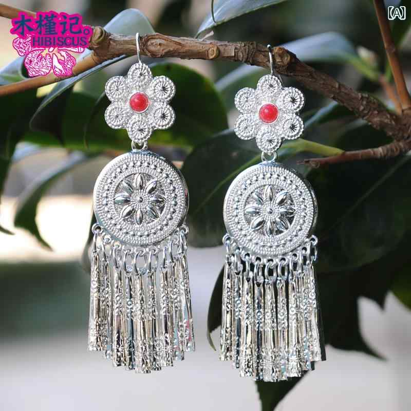 レディース アクセサリー エスニック タッセル イヤリング ミャオ族 シルバー イヤーフック ステージ ..