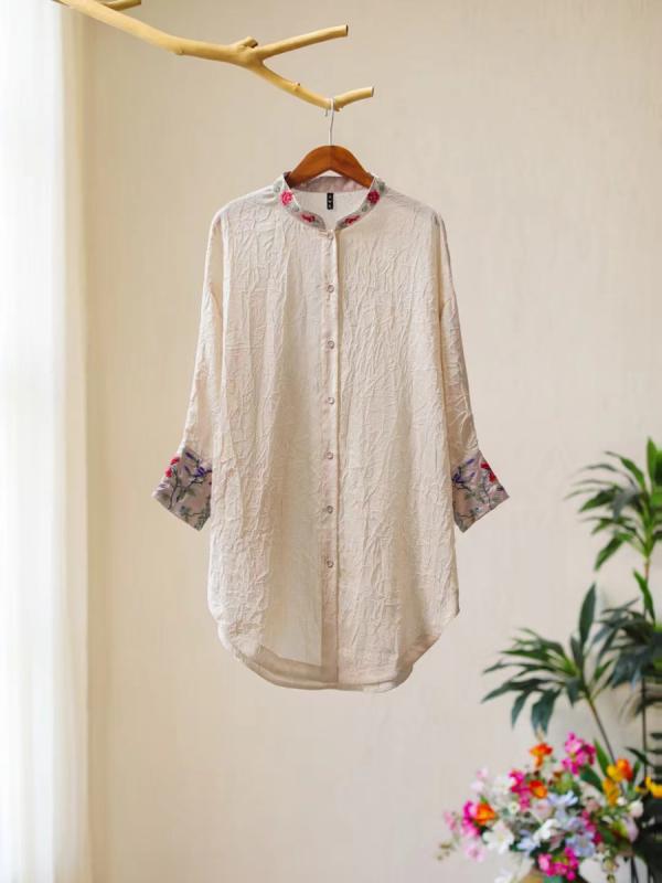 レディース ファッション 美しい チャイナ風 レトロ 刺繍 エスニック 丈 シャツ アプリコット カーディ..