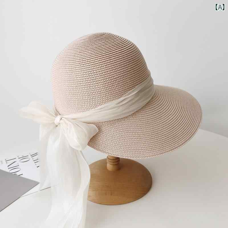 レディース フレンチ リボン リボン 麦わら 帽子 夏 わら 日焼け防止 太陽 帽子 海辺 つば広 ビーチハット