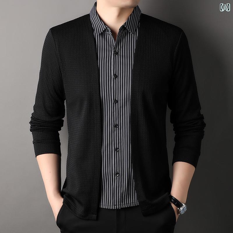 メンズ ファッション トップス おしゃれ フェイク 重ね着風 セット シャツ 襟 Tシャツ 秋 カジュアル 長袖 セット セーター