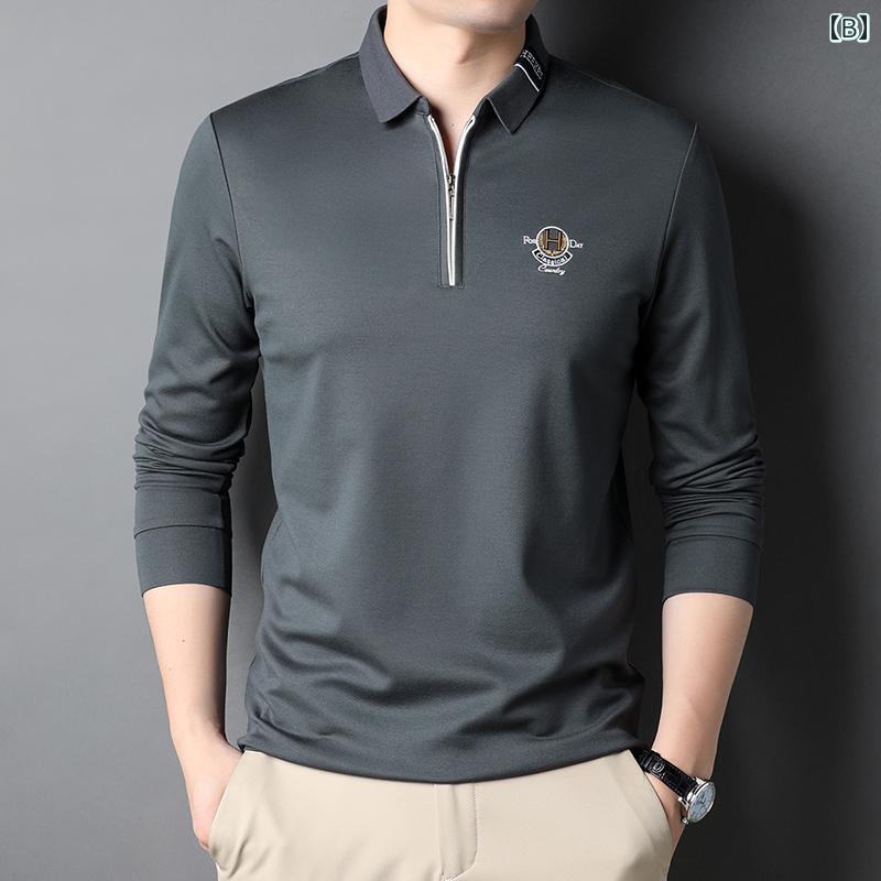メンズ ファッション シンプル おしゃれ Tシャツ 長袖 春 ゆったり トップスス カジュアル ジッパー 刺繍 ポロシャツ