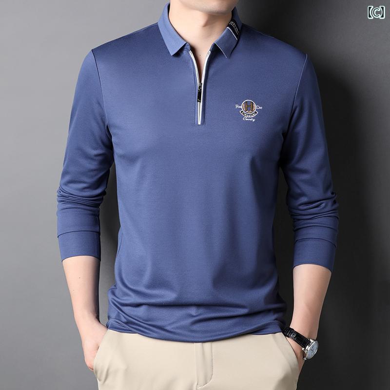 メンズ ファッション シンプル おしゃれ Tシャツ 長袖 春 ゆったり トップスス カジュアル ジッパー 刺繍 ポロシャツ