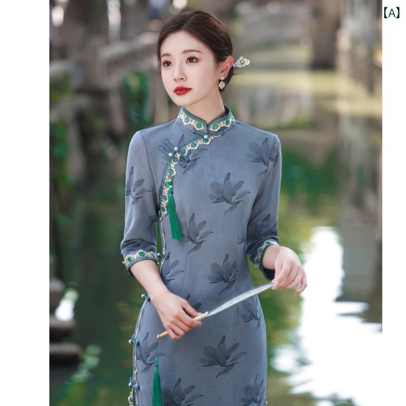 レディース ファッション スモッグ ブルー チャイナ ドレス 美白 秋 普段使い 秋