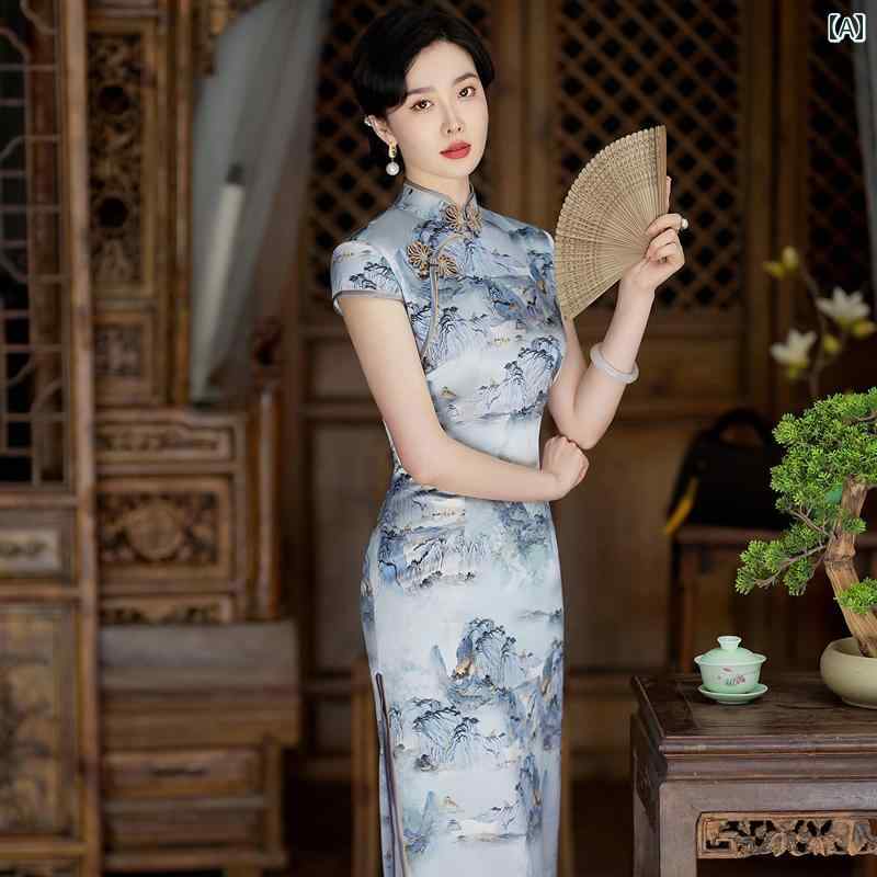 レディース ドレス レーヨン バックル チャイナ風景 レトロ チャイナ ドレス