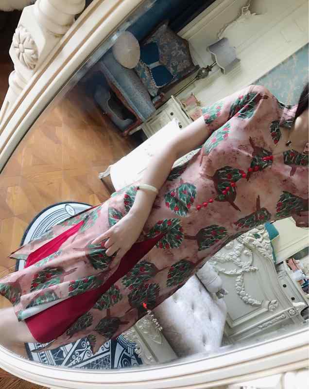 夏 シルキー チャイナ風 半袖 エレガント スリムフィット チャイナ ドレス プリント スリム 精巧 ドレス