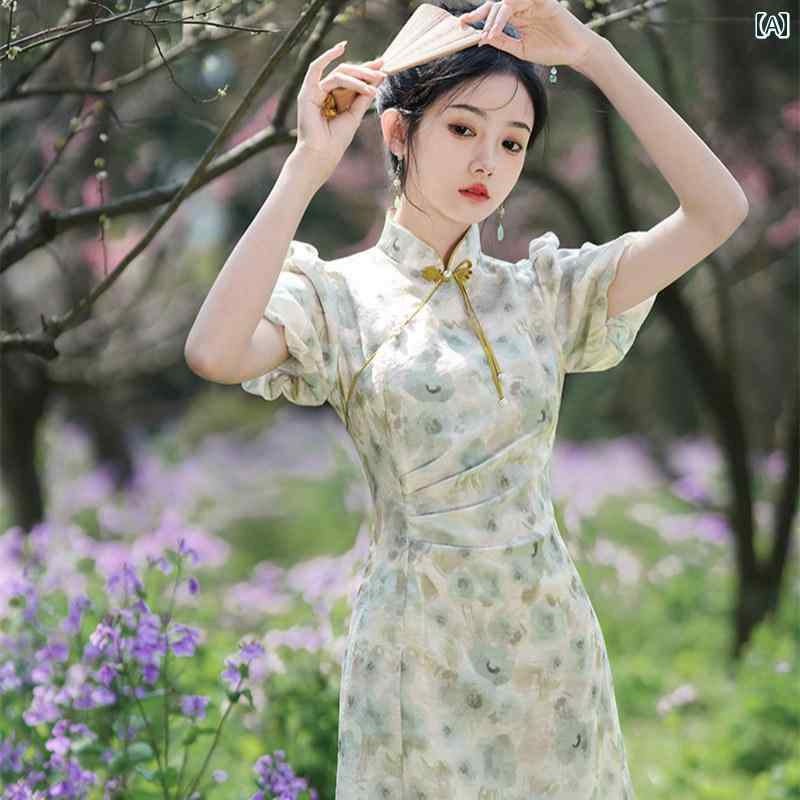 レディース ファッション チャイナ ドレス ショート スカート 夏 デイリー カレッジ 花柄 半袖 ドレス フィッシュテール 小柄