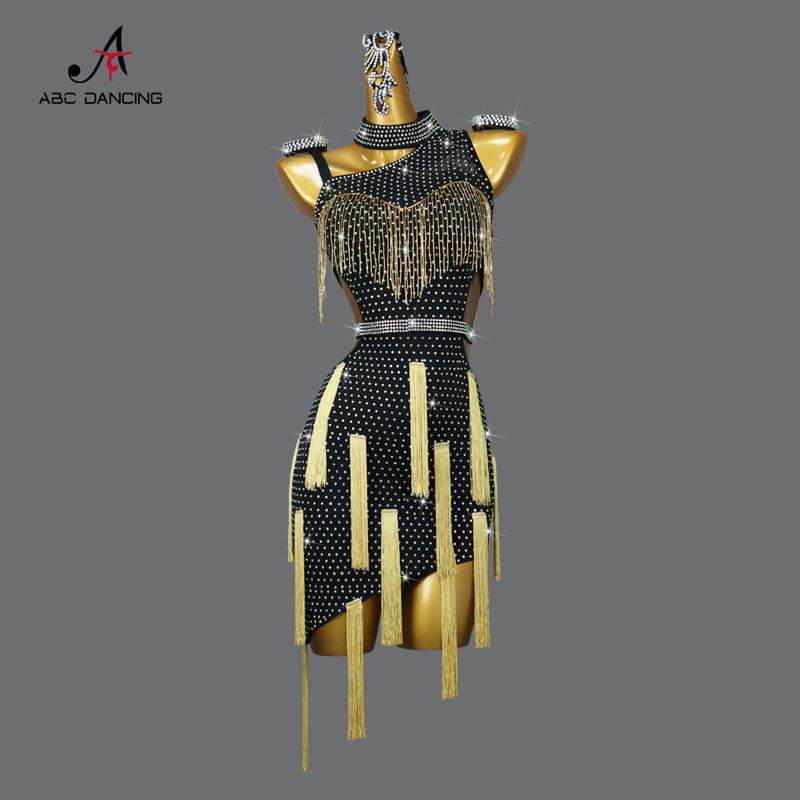 ダンス 衣装 パフォーマンス ブラックゴールド ラテンダンス 競技 服 ステージ 花柄 ドレス タッセル ドレス