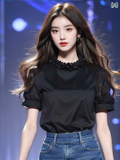 レディース ファッション 黒 エッジ ラウンドネック パフスリーブ 半袖 シャツ 年 初春 ユニーク 美しい トップスス レディース ファッション 黒 エッジ ラウンドネック パフスリーブ 半袖 シャツ 年 初春 ユニーク 美しい トップスス