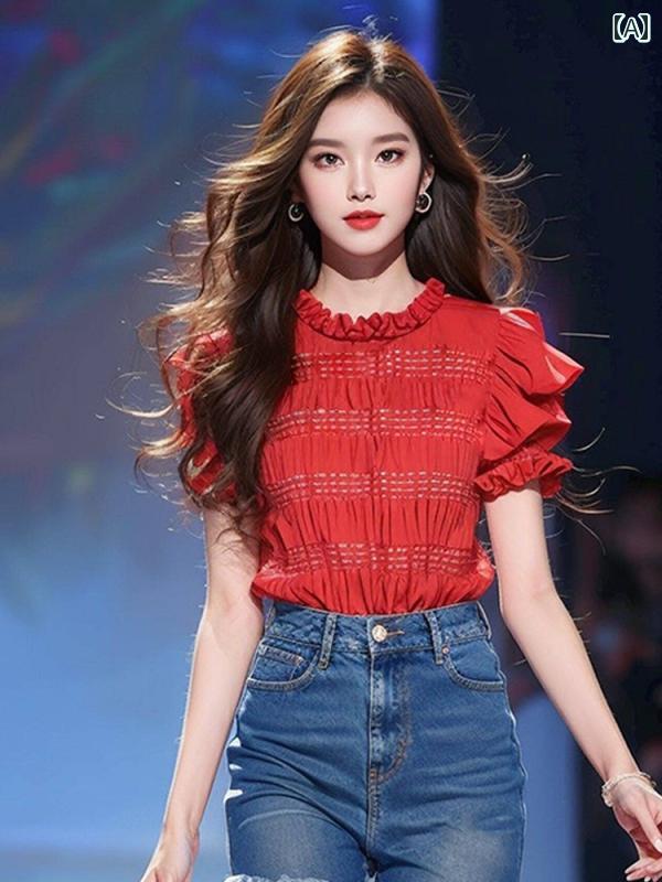 レディース ファッション フレンチ レトロ 赤 半袖 シャツ 早春 シック ティー トップススス シック 小さめ シャツ