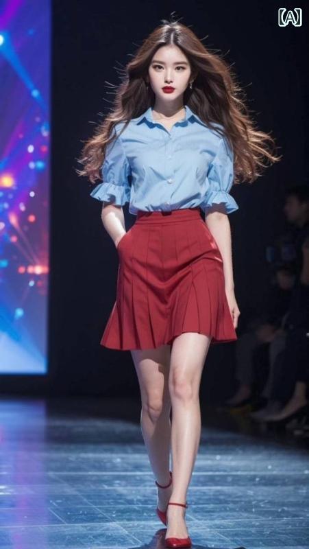 レディース ファッション 夏 服 美しく 青い シャツ 赤 スカート セットアップ マッチ