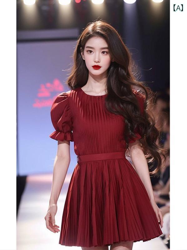 レディース ファッション 婦人服 早春 塩 ドレス 春 赤 ウエスト 締める ラウンドネック プリーツ ドレス