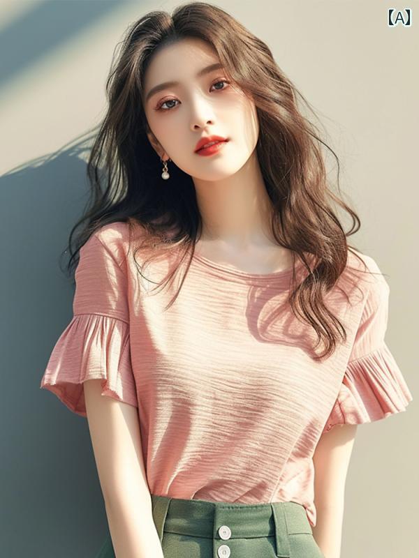 レディース ファッション 美しい ユニーク ピンク トップスス 夏 半袖 フリル Tシャツ