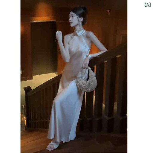 レディース ファッション 美しい スカート 夏 精巧 フランス ホルターネック アセテート サテン ノースリーブ ドレス レディース ファッション 美しい スカート 夏 精巧 フランス ホルターネック アセテート サテン ノースリーブ ドレス