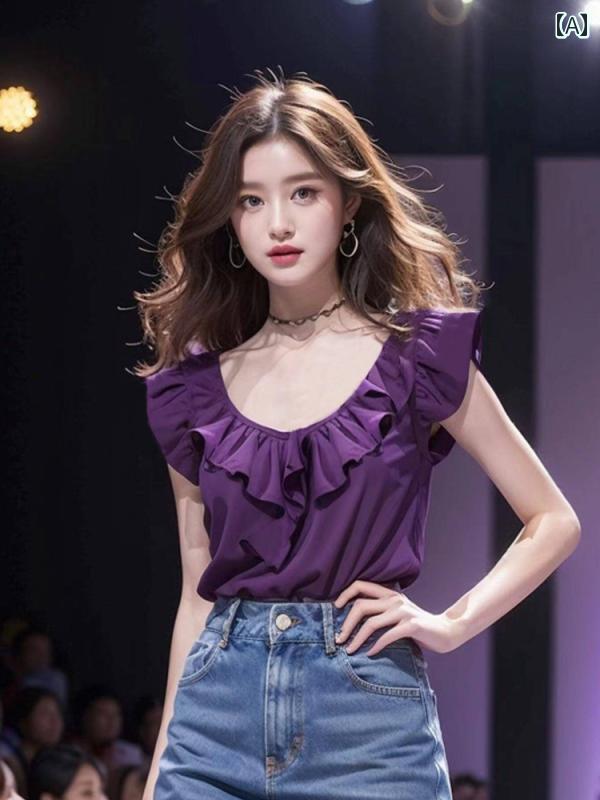 レディース ファッション 初春 ユニーク トップスス 素敵 シック 紫 大きめ Vネック フリル 半袖 シャツ