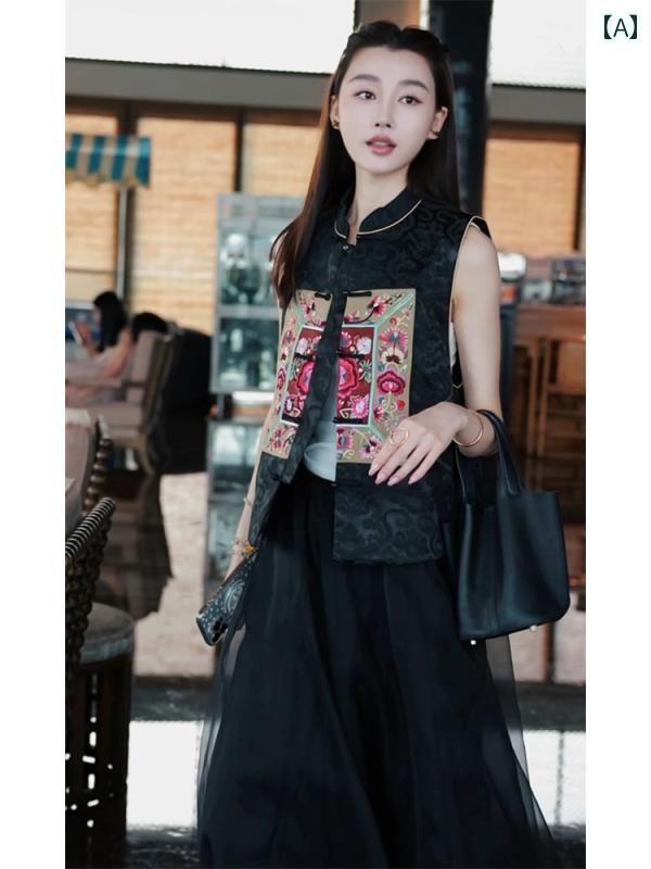 レディース ファッション チャイナ風 婦人服 黒 ジャカード トーテム ベスト 夏(4)