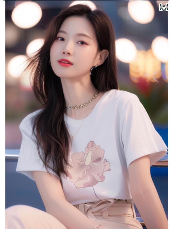 レディース ファッション 白 半袖 Tシャツ ユニーク トップスス 見栄え シック 美しい プリント ボトム シャツ 夏