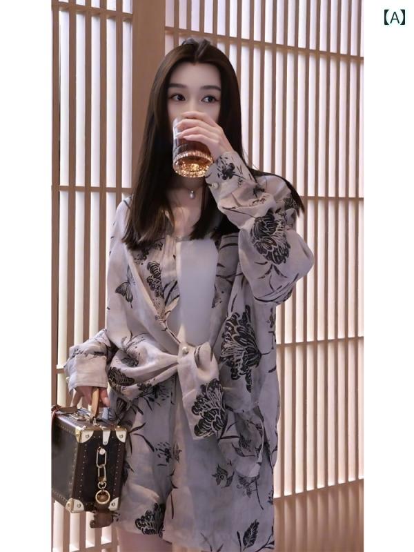 レディース ファッション 夏 服 塩系 軽量 涼しい グレー プリント シャツ セットアップ 合わせて 小柄