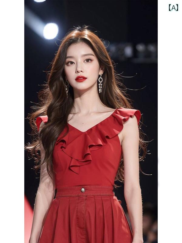 レディース ファッション 韓国 早春 着 テーシャツ レッド Vネック フリル ノースリーブシャツ