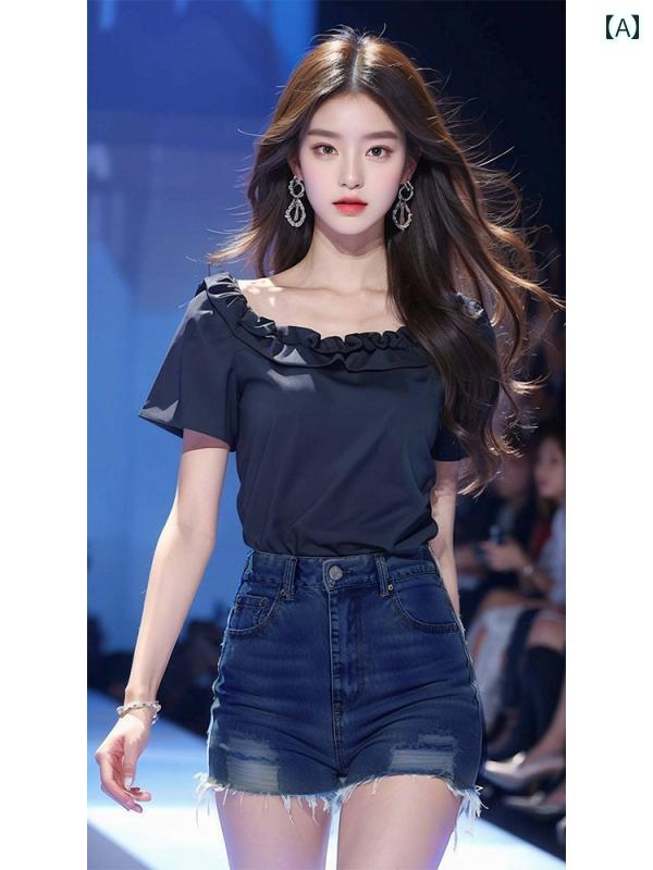 レディース ファッション シック フレンチ ブラウス 春先 トップススクエアネック 半袖 シャツ イヤリ..