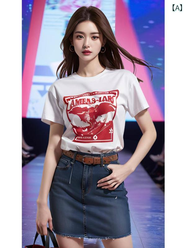 レディース ファッション 赤 白 プリント 半袖 Tシャツ 夏 ユニーク シック 美しい シャツ