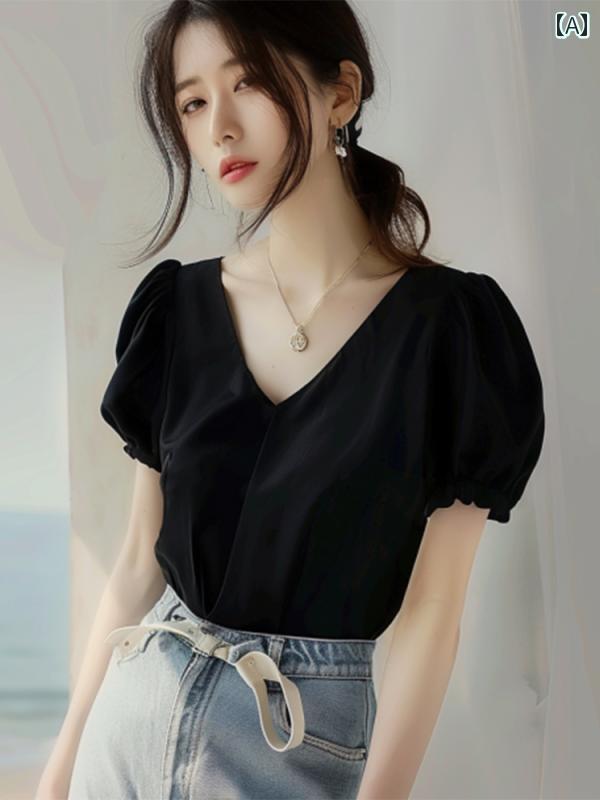 レディース ファッション 美しい シャツ 夏 トップスス 黒 Vネック 半袖 シャツ