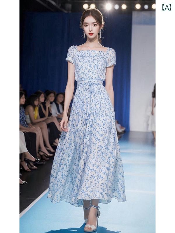 レディース ファッション フランス スーパー ブルー 花柄 ドレス 夏 精巧 小さめ ロング スカート