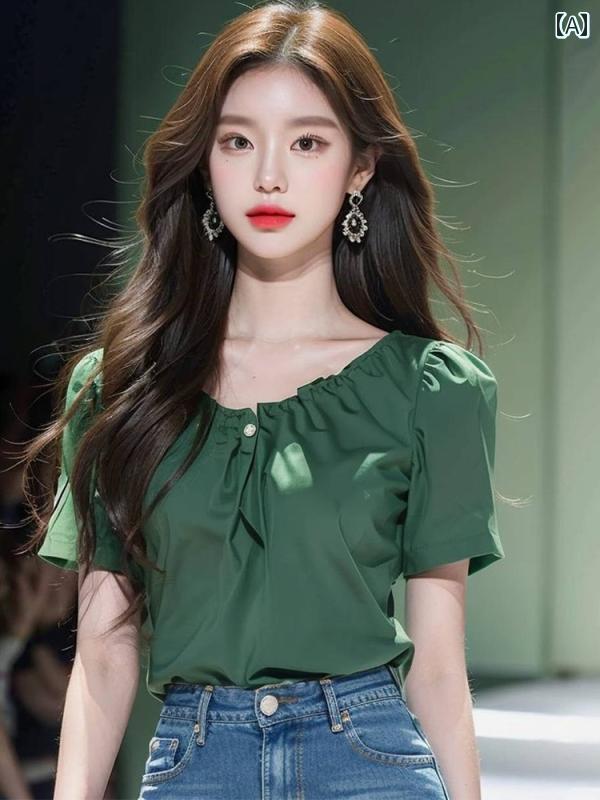 レディース ファッション フレンチ ユニーク トップスス 夏 グリーン プリーツ 半袖 シャツ