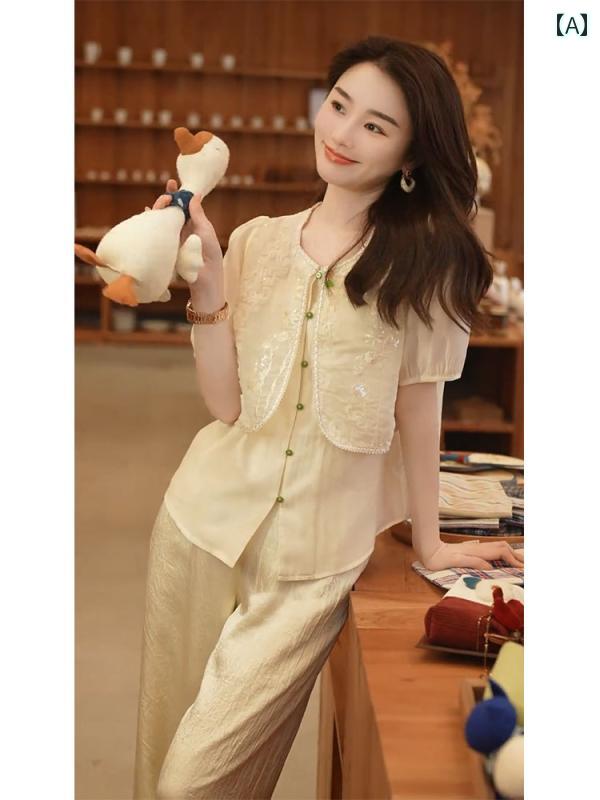 レディース ファッション エレガント 夏 服 セットアップ 二重 半袖 トップスス セット