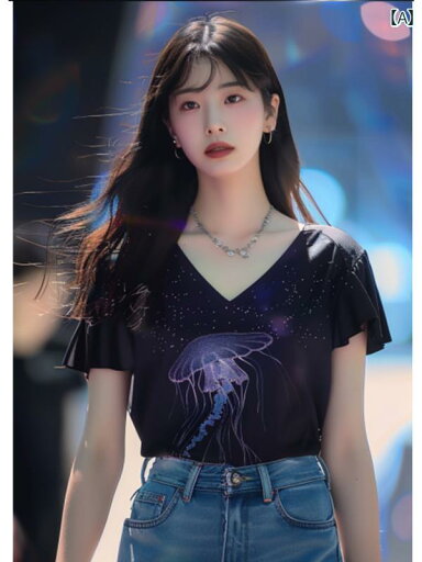 レディース ファッション 夏 トップスス 黒 Vネック ユニーク クラゲ 柄 半袖 Tシャツ レディース ファッション 夏 トップスス 黒 Vネック ユニーク クラゲ 柄 半袖 Tシャツ