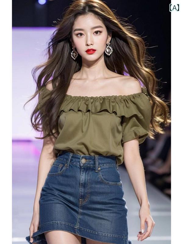 レディース ファッション 美しい フレンチ トップスス ワンショルダー グリーン キノコ 半袖 シャツ 夏